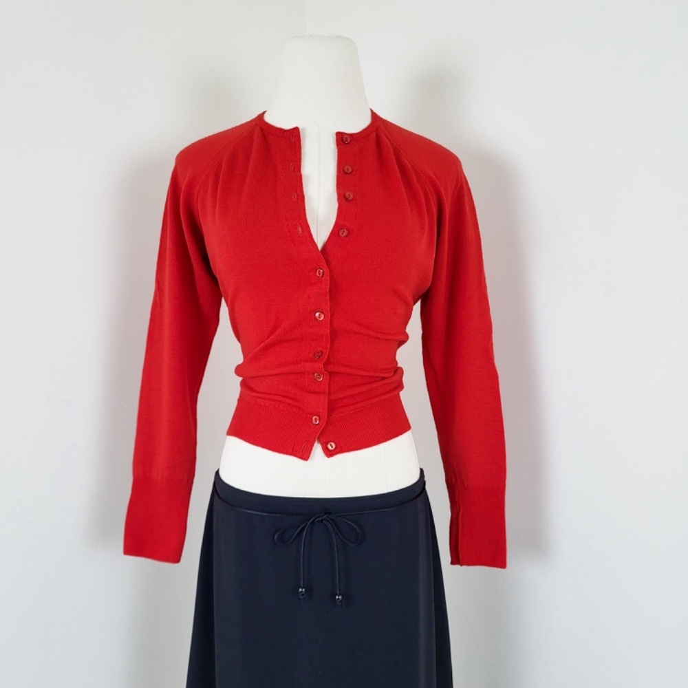 60’s Merino Wool Knit Cardigan Fitted Vintage 3/4 sleeve button down up - Picture 6 of 13